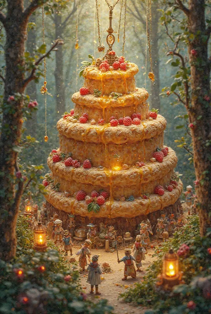 In a whimsical enchanted forest, a colossal honey-drizzled pastry is under construction by tiny human workers alongside mischievous fairies. A miniature crane, operated by a team of tiny bakers, carefully lifts a delicate pastry layer, while pixie chefs wa...