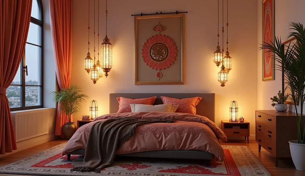 Modern bedroom decorated with Ramadan decorations