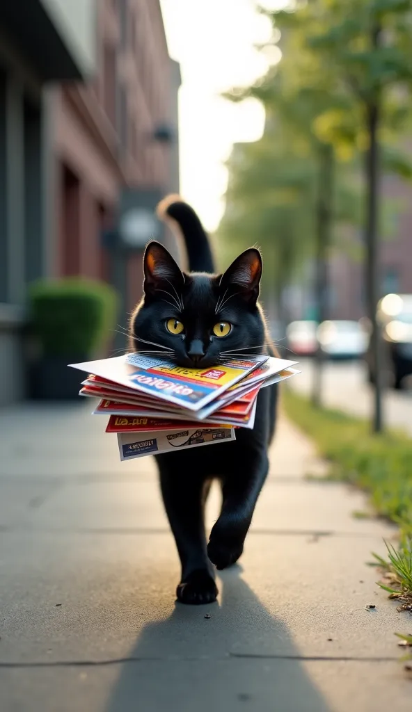 A black cat delivering flyers on the sidewalk 