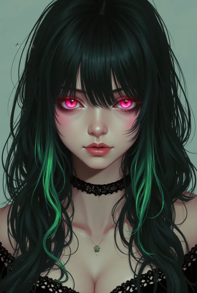 Girl Emmo covers her eyes with her bangs on her side black hair green tips pink eyes wears a choker curvy breasts 