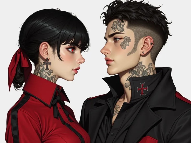 An 18-year-old girl with short black hair tied up, red eyes, wearing a red and black suit and a red and black bow tied in her hair, is an anime mafia, wears cross earrings, and a 29-30-year-old young man with short black hair, long hair in the front and sh...