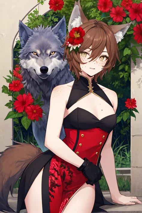 Male, short brown hair with wolf ears, sexy outfit with red flower details, wolf tail, wide eyes, freckles, male, strong wolf male