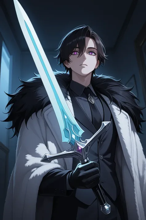 Black hair dark eyes earring wear suit and fur coat hold sword and hold spear the boy  dark room