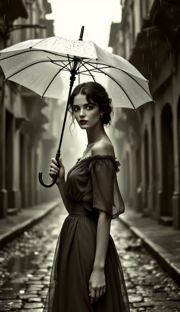 monochrome sepia tone of a beautiful woman, wearing a vintage dress, looking at the camera in the rain with a transparent umbrella, against the background of an abandoned city street.