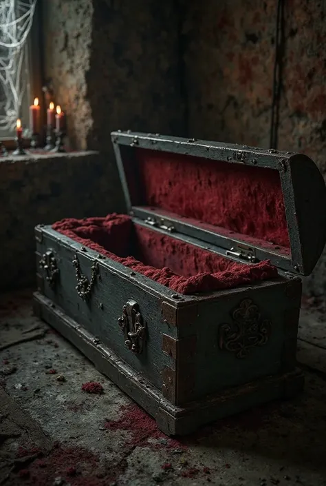 An old dark wooden coffin, with rusty iron details and dark notches. The coffin is semi-open, revealing an interior lined with faded red velvet. The environment is a dark crypt with melted candles and spider webs. Realistic and terrifying style, with a got...