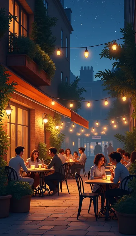 Outdoor cafe with light brown theme and night vibes