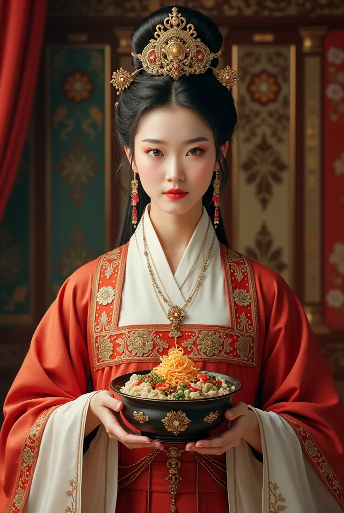 the queen of chorin drama is the main character draw her and how she holds Korean bibimpub food in her hands