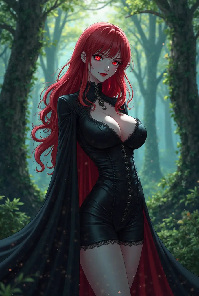 1girl, vampire,Large breasts, Red Eyes, Blush, Light Smile, black cape, Feet Out Of Frame, Anime, red hair, HD, black shirt that covers her entire torso and breasts, forest background