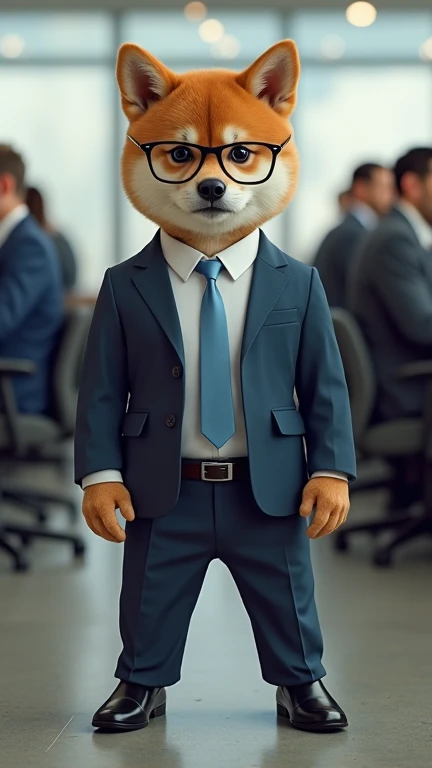 A Shiba Inu puppy is standing and bowing to his human boss,

The human boss is angry at the Shiba Inu,

The Shiba Inu puppy is wearing square black-rimmed glasses, a navy blue suit, a white shirt, a light blue tie, and black leather shoes,

Many office wor...