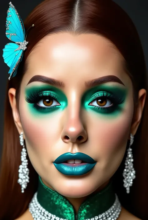 incredibly long and voluminous eyelash extensions, bright green makeup , brown hair, diamond earrings , collar, blue lips, blue butterfly clip on the side of the hair