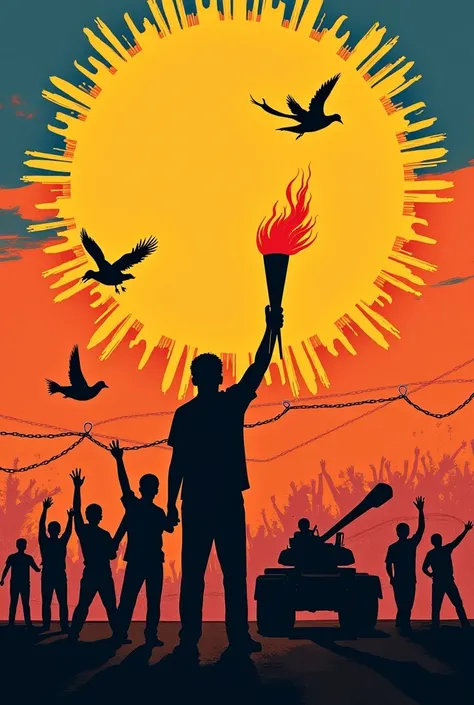 Lakas ng Bayan" Chain (Interlocked Arms Forming a ChainRadio Waves / Megaphone EchoFlame of Democracy (Torch with a People-Powered FlameLotus Flower Rising from Barbed WireFeet and Footprints on a RoadSilhouettes of People Standing in Front of a Military T...