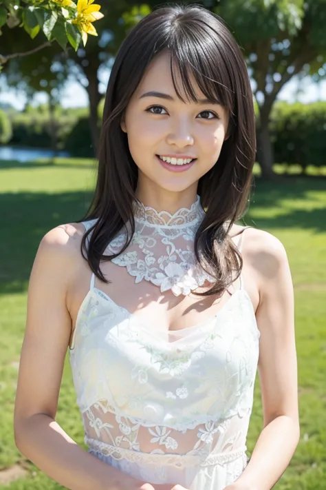 (8k, RAW photo, photorealistic, HQ, masterpiece, Brightly exposed photo), (Very elegant and beautiful, Perfect detail, Super detailed), a cute Japanese woman, (glowing eyes), 
(shy smile), dark brown hair,  (elegant white lace tight maxi dress, halter neck...