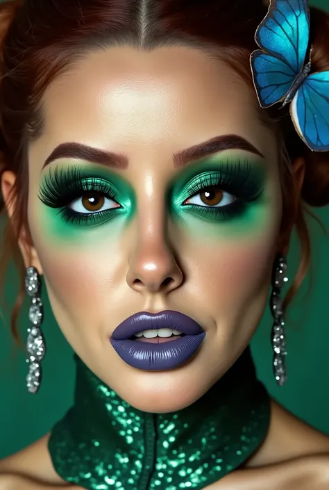 incredibly long and voluminous eyelash extensions, bright green makeup , brown hair, diamond earrings , collar, blue lips, blue butterfly clip on the side of the hair