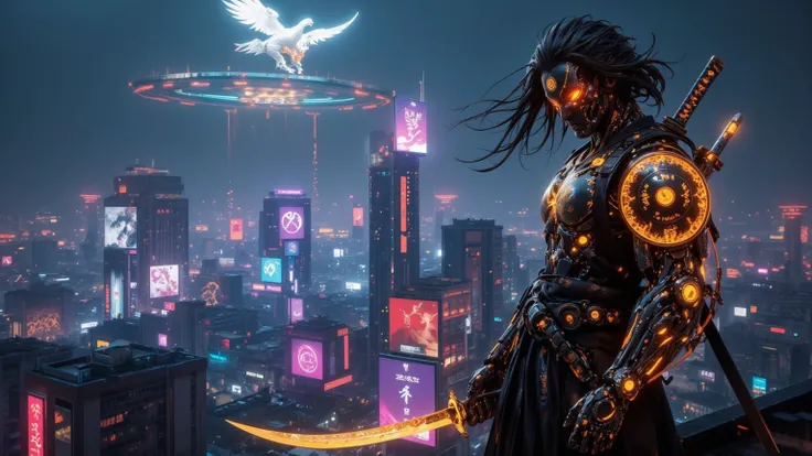 The neon-lit megacity of Cyber-Jakarta stretches endlessly under a stormy sky, where towering skyscrapers infused with Javanese temple architecture glow with pulsating holographic billboards. The streets below are packed with autonomous hover vehicles weav...