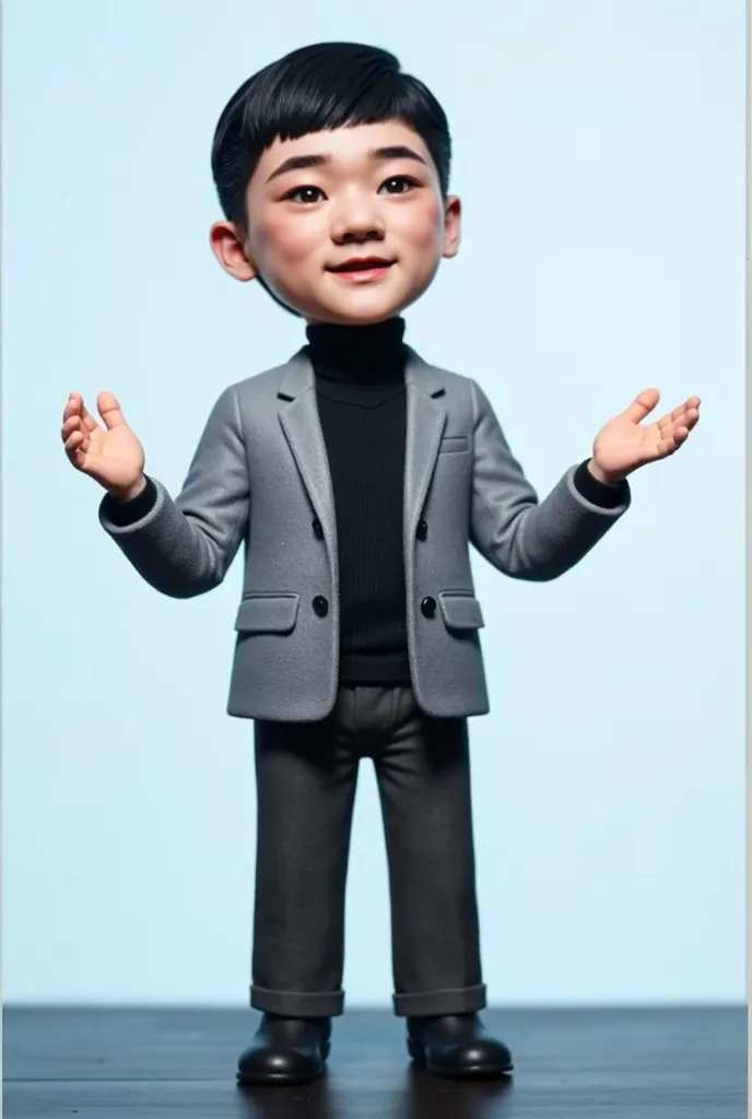 A Chinese man wearing a gray suit and black turtleneck sweater, left hand in front of body, right hand extended forward, standing on stage with a blue background in the style of Pixar, a full-body portrait with a close-up of the head, a blind box toy desig...