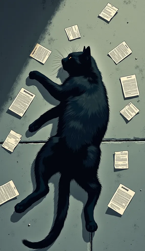 A dead black cat on the sidewalk with several pamphlets surrounding it