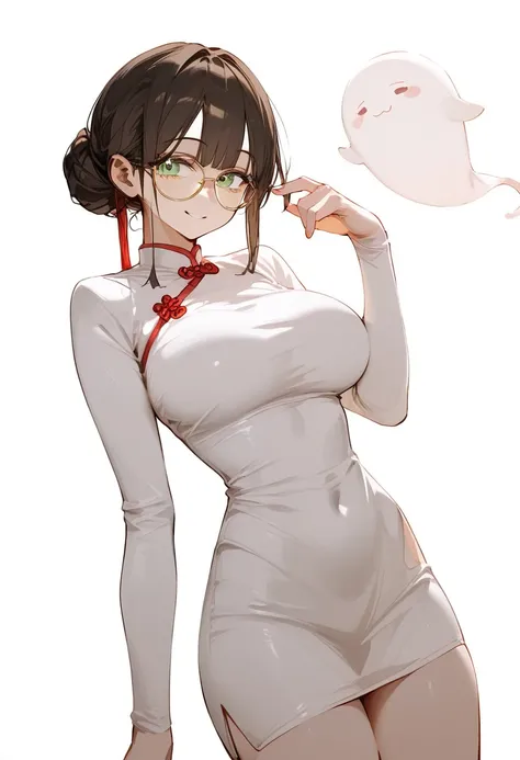 girl,Brown Hair,yellow hair ends,, put on round glasses,in blue-green eyes,Chinese ghost outfit,slim,big breasts,Slim thighs,white background,My hair is tied in a bun.,smile,sagawa ,milf,cute,Focus on the face,Jiang Chie,brunette dress , jiangshi ,Tight bu...