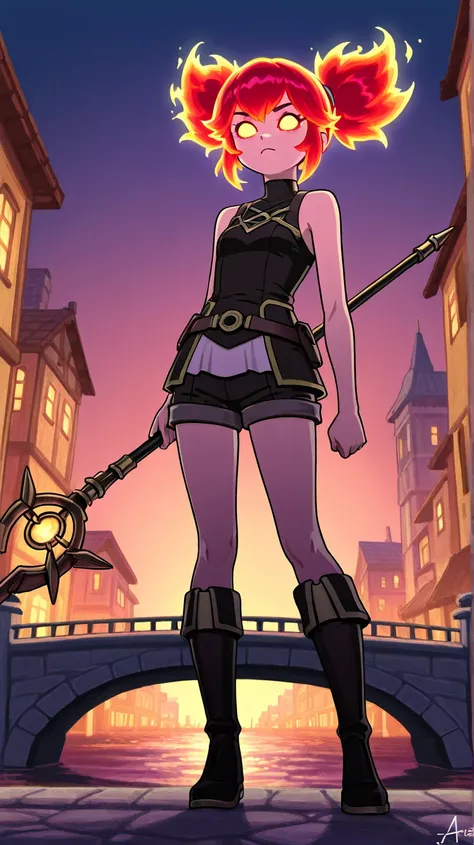 Create Annie from Arcane League of Legend on a bridge with the city in the background in cartoon format