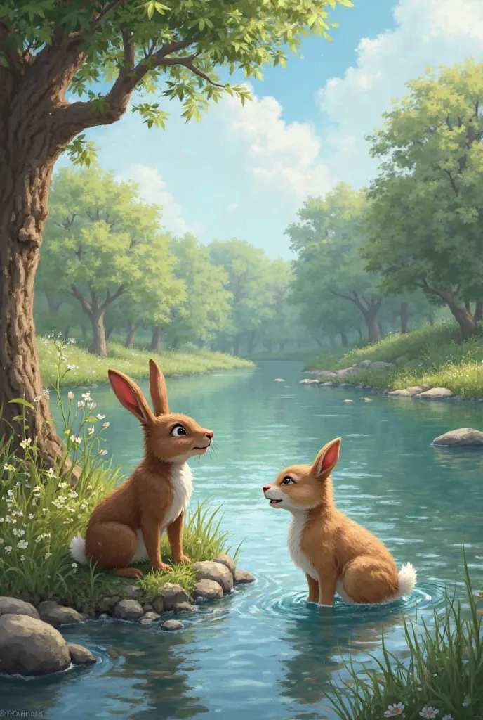 Nearby, a rabbit and a dog are playing together. They hear the ’s cries and immediately stop their game. They look toward the river and see the  struggling in the water. Their instincts kick in, and they decide to help.