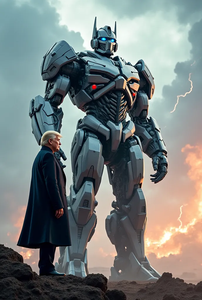 "A futuristic battlefield where a historical president and a towering Transformer stand apart, side by side. The president, wearing a modernized version of their traditional attire, exudes authority and determination, standing on a raised platform. The Tra...