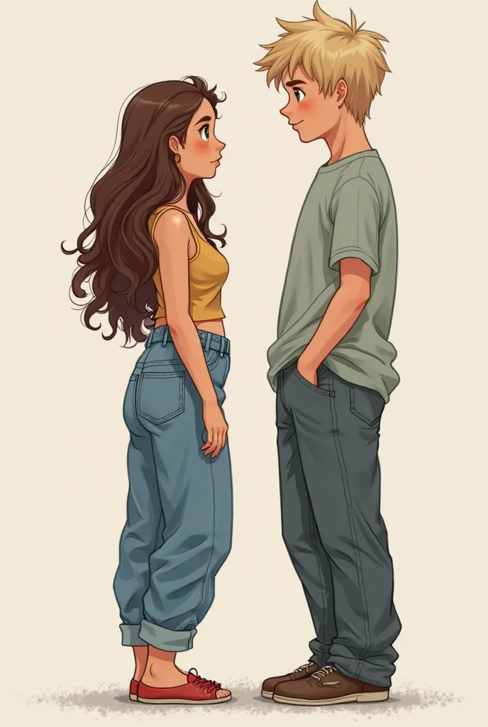 I want to make a picture where there are two figures and one of them is a woman with brown hair a lot of waves and a boy with dirty blond and short hair. I want them to stand next to each other and for the boy to measure 185cm and the girl 165cm. For there...