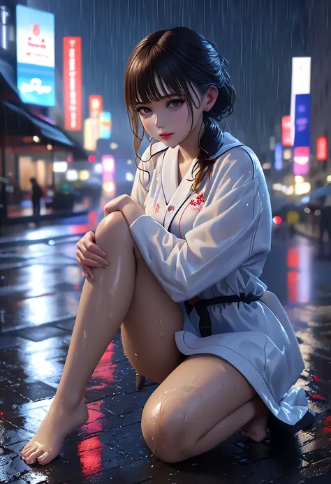  mix 4,(8k, RAW photo, best quality,  master:1.2), (realistic, photo-realistic:1.37),1 girl,cute, cityscape, night ,rain,wet,professional lighting,photon mapping, radiosity,physically-based rendering with one foot and a pussy ,