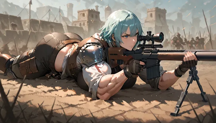 A female mercenary with strong muscles kills enemies while lying face down on the battlefield using a sniper rifle