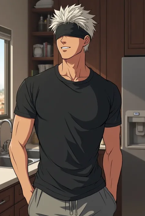 Gojo satoru, in a big penthouse kitchen. He his blindfold on, he's wearing a black t shirt and grey sweatpants. He's happy. Jujutsu kaisen art style. Gojo satoru. A tall man with white hair. Lean muscular. Looks at the camera lovingly. He has a wedding rin...