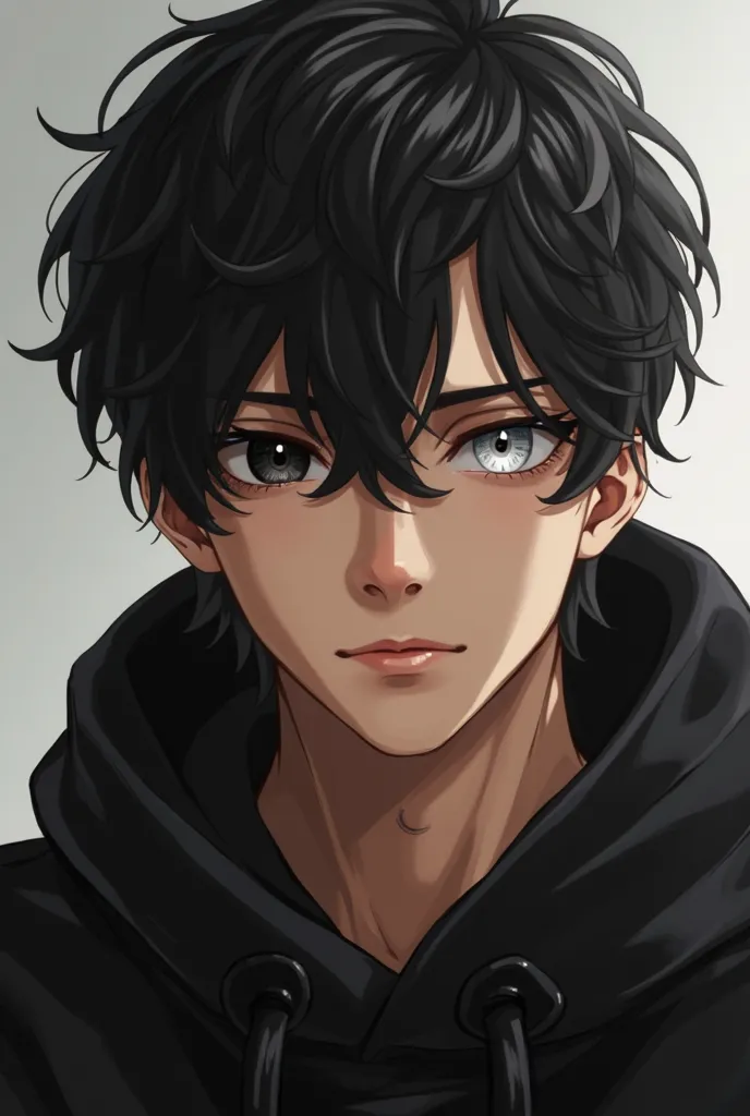 A handsome man. One of his eyes is all black with only a white pupil and no iris. His other eye is all white with only a black pupil with no iris. He has black hair and he has all black clothes and hoodie on and he has sand skin tone