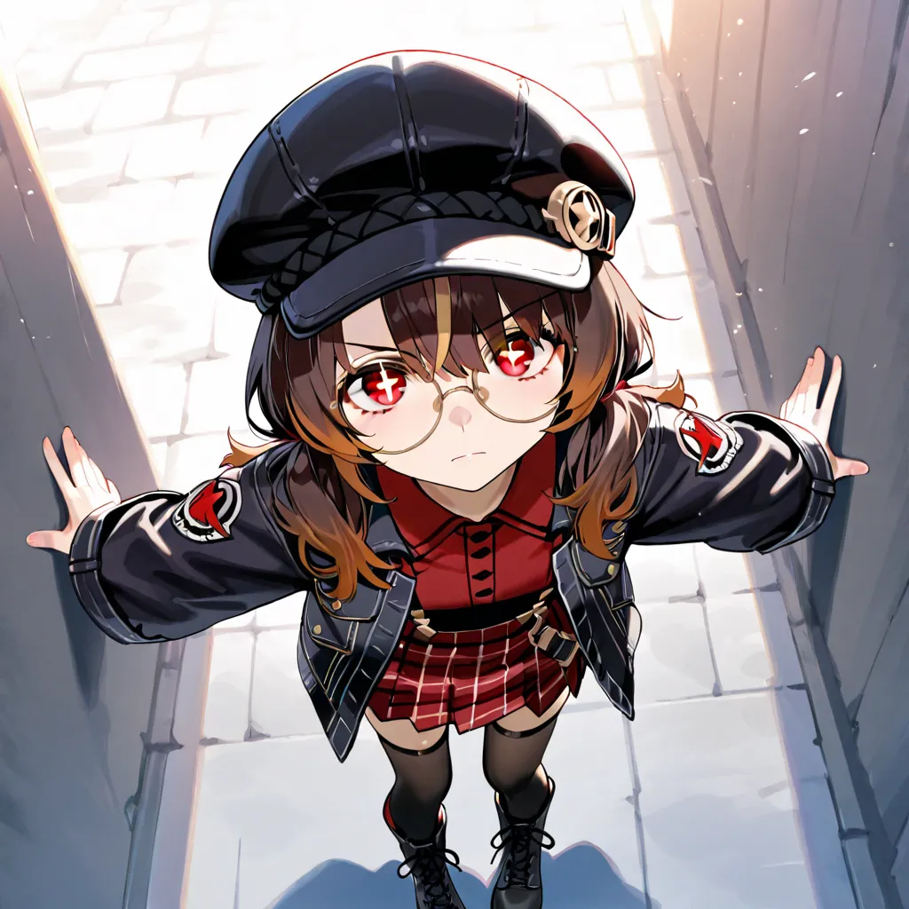 red eyes, cross-shaped pupil, brown short haired girl, wearing round glasses, wearing black cabbie cap, black denim jacket, plaid skirt, black thigh high sock, combat boot, staring at viewer