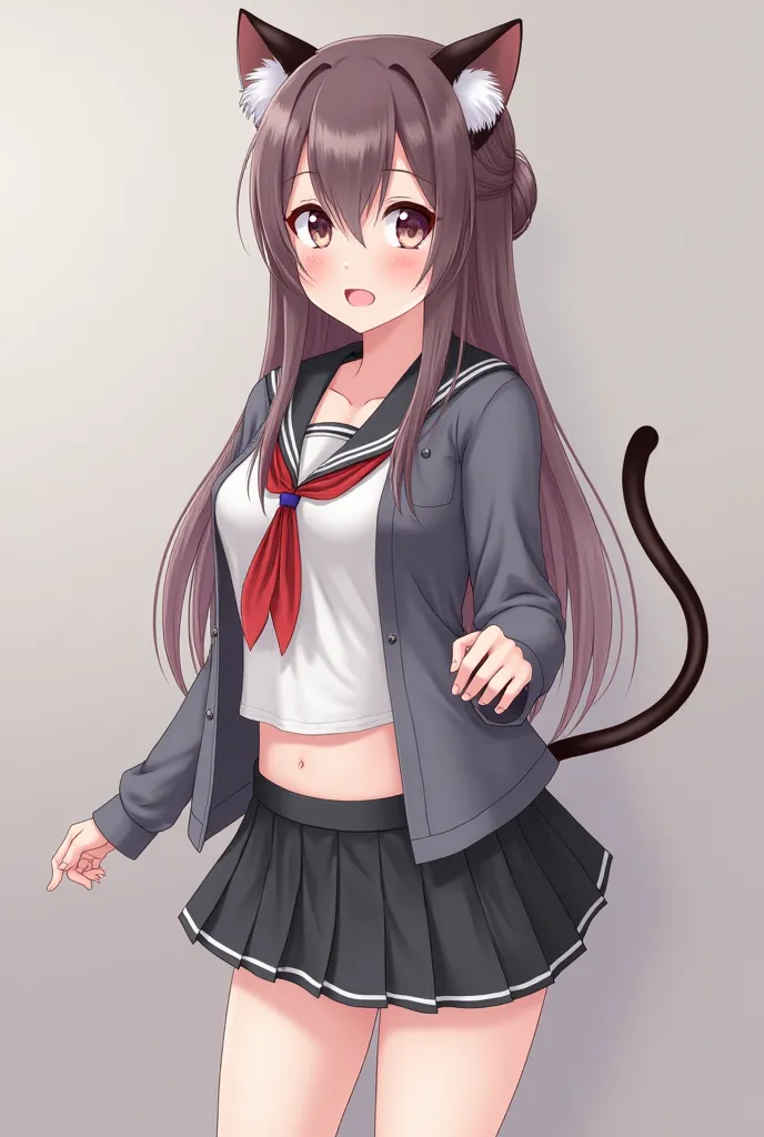 cute,long hair, sexy,Cat ears,cat tail,big breasts,bigger than average thighs and buttocks,but my stomach doesn't come out,Petite,My clothes are peeking through,uniform,miniskirt,is stuck in my chest and my belly button is sticking out because I don't have...