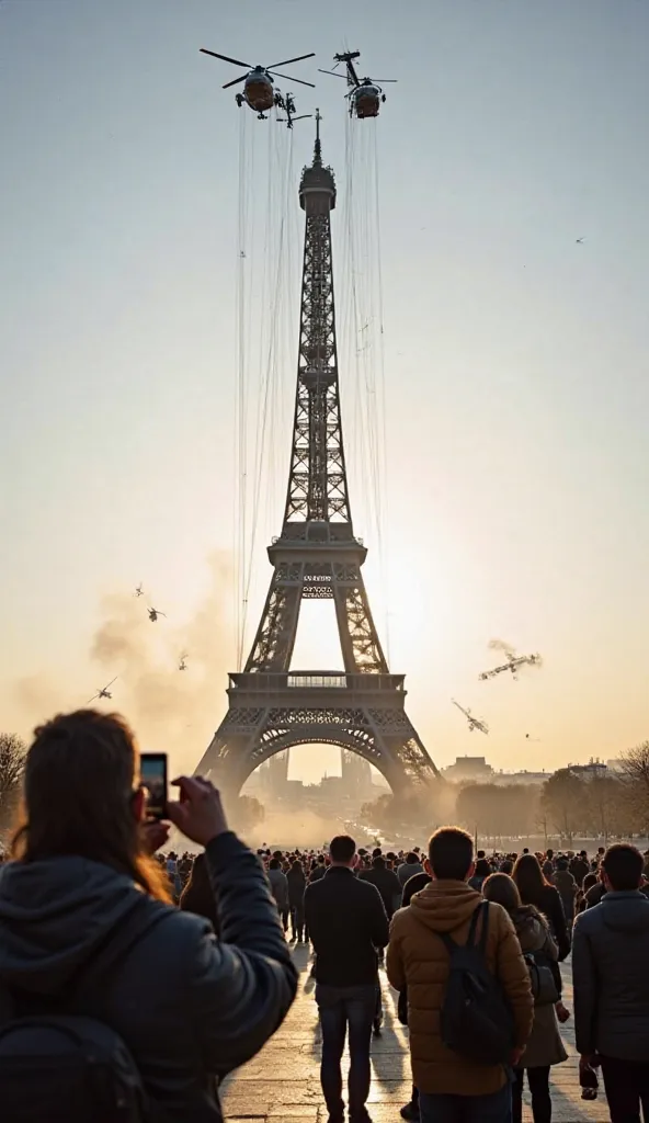 A breathtaking wide shot of the Eiffel Tower slowly rising into the air, suspended by thick steel cables attached to multiple helicopters. The tower sways slightly as it is carefully lifted, while dust and debris swirl around the Champ de Mars. Parisian on...