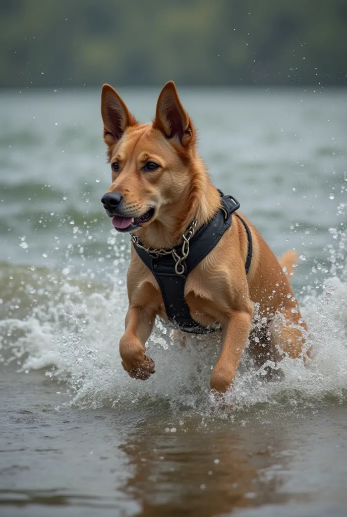 The brave dog runs toward the river and jumps into the water without hesitation. It swims toward the , fighting against the strong current. The dog reaches the  and grabs their clothes with its mouth, trying to pull them toward the shore.