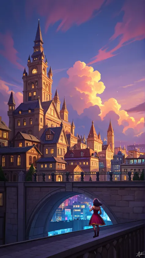 Create Annie from Arcane League of Legend with her Protected by her Bear Tibbers on a bridge with the city in the background in cartoon format