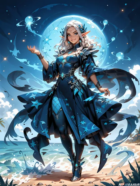 ((Image of a powerful sorceress in dynamic pose shooting a blue glowing water sphere from her hand, cinematic lighting))、(from front, full body, look at viewer)mature witch(Suspicious Smile ,  Silver Hair,brown skin,slender,curved proportions),。
enchanting...