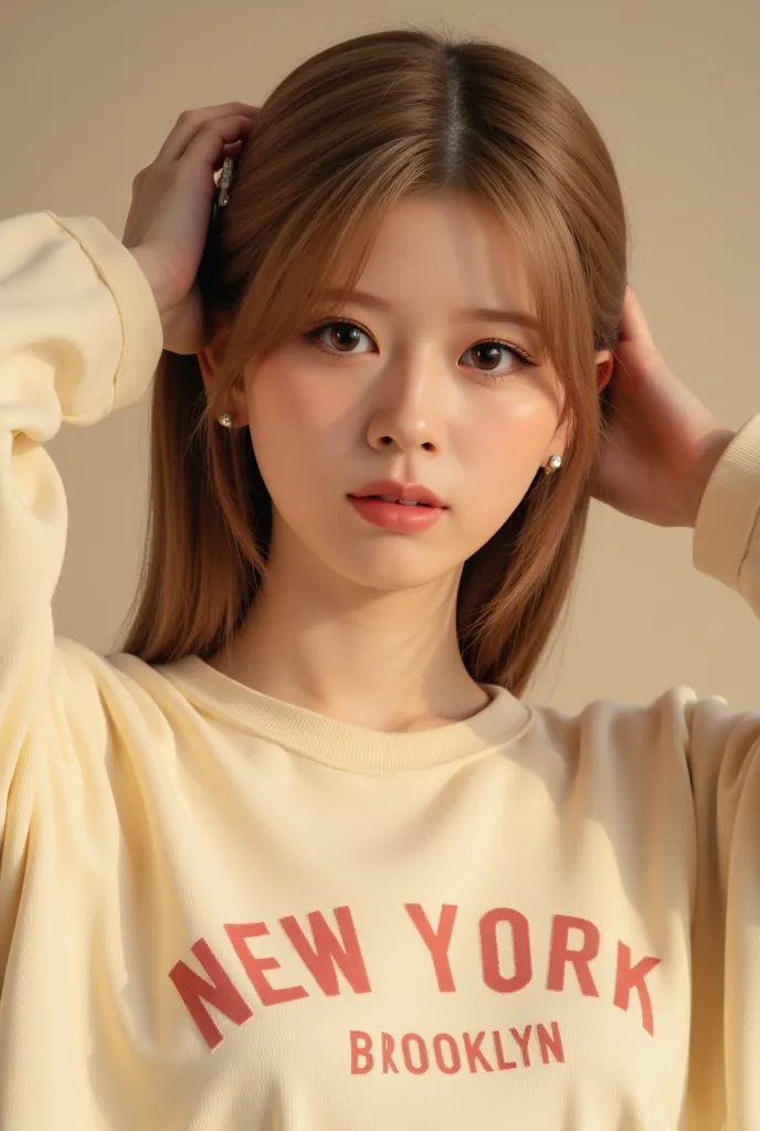 Young woman, likely in her s or early twenties, of Middle Eastern or South Asian descent.  She has shoulder-length, light brown hair styled in a loose bun.  She is wearing a cream-colored, oversized sweatshirt with a graphic design featuring the words "New...