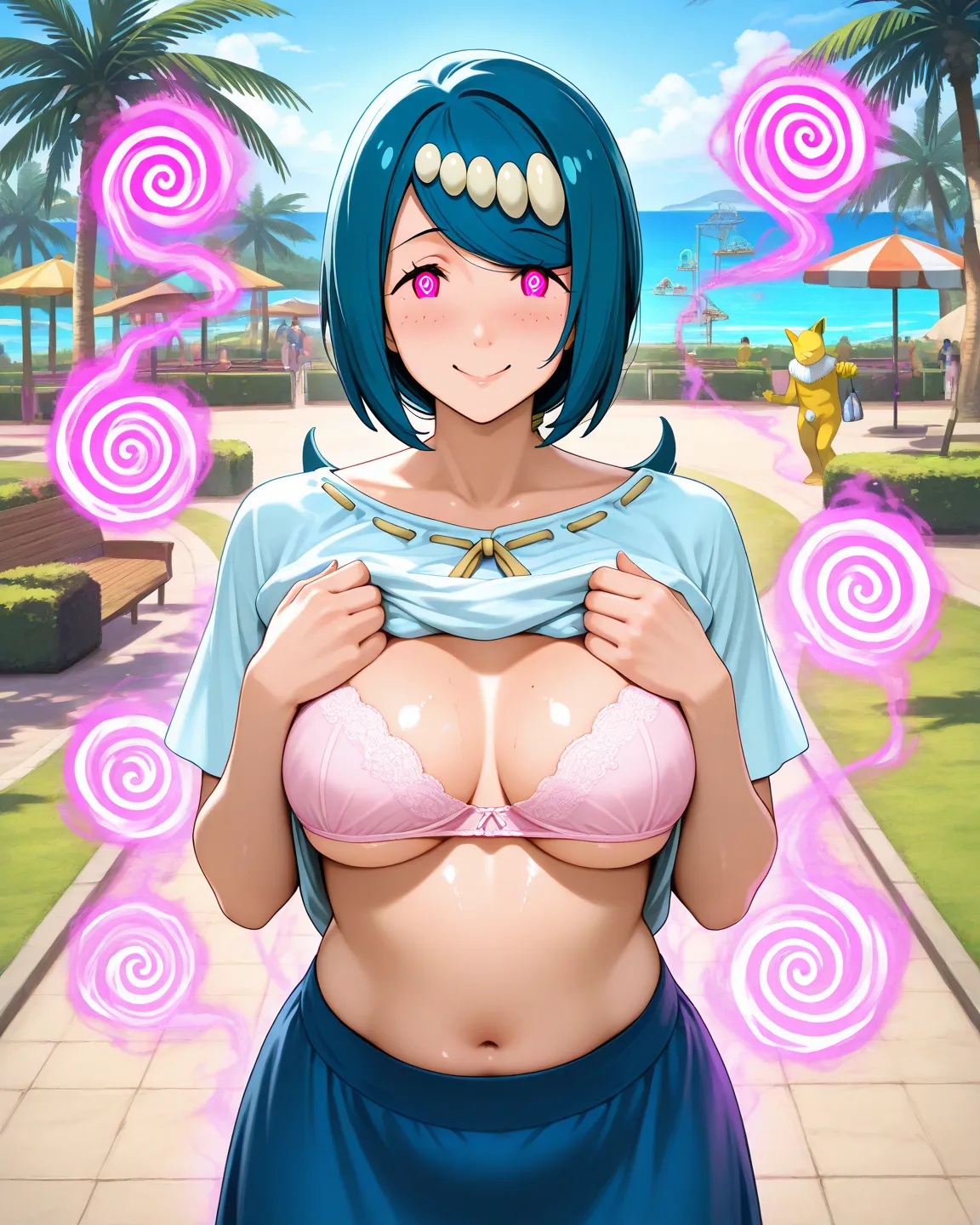 Lana's mother, pink eyes, spiral pupils, happy smile, she is losing her mind, hypnotic state, shirt lift herself, underboob, bra, blue long skirt, mature woman, middle-aged woman, glamorous body, medium breasts, navel, shiny skin, BREAK, pokemon, hypno, hy...