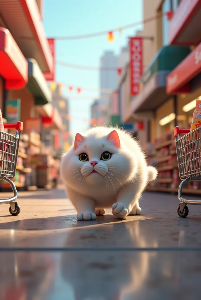 Fat little white Persian cat, shop , The minimarket, pushing shopping trolleys,suasana The minimarket kota Washington DC, 3D realistic 