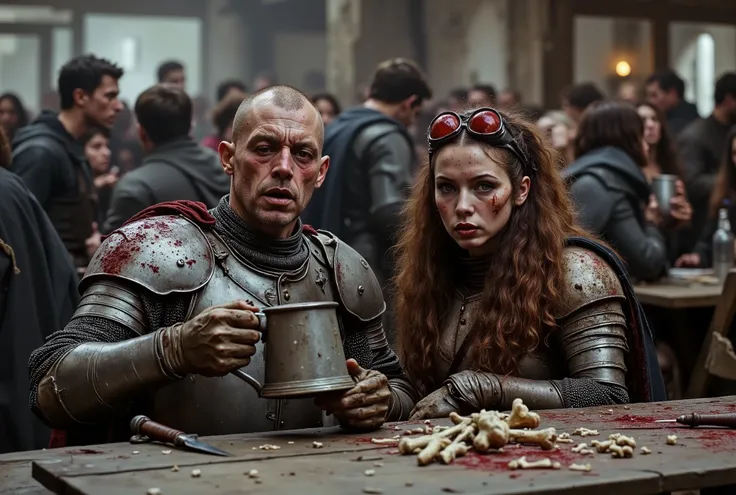 2 people sitting at a table in a crowded, rowdy medieval beergarden: Person 1: A haggard, Caucasian male knight in dented, blood-streaked platemail armor sitting at a scarred picnic table in a crowded, rowdy medieval beergarden, shaven brown hair crewcut ...
