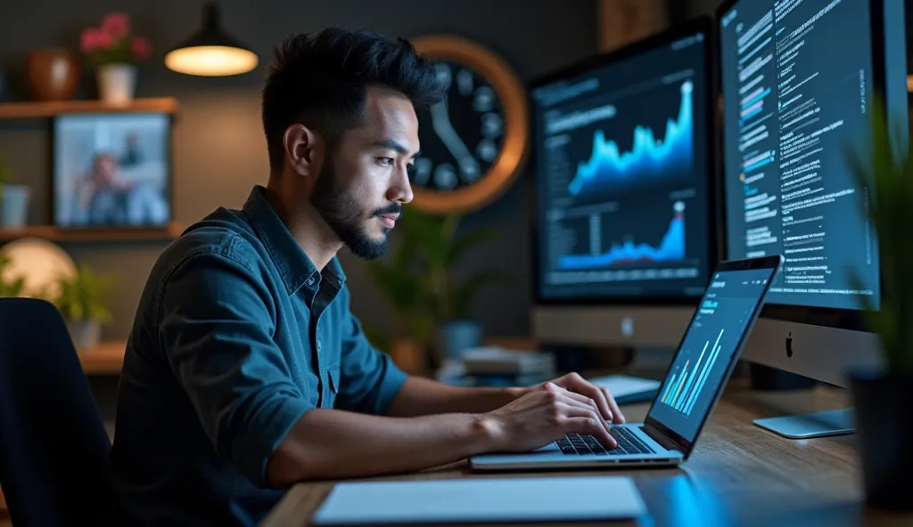 "Create an image of a focused, confident person working at a desk with a laptop showing YouTube analytics and revenue charts on the screen. The person is wearing casual, yet professional attire, with a look of determination. The background should be sleek ...