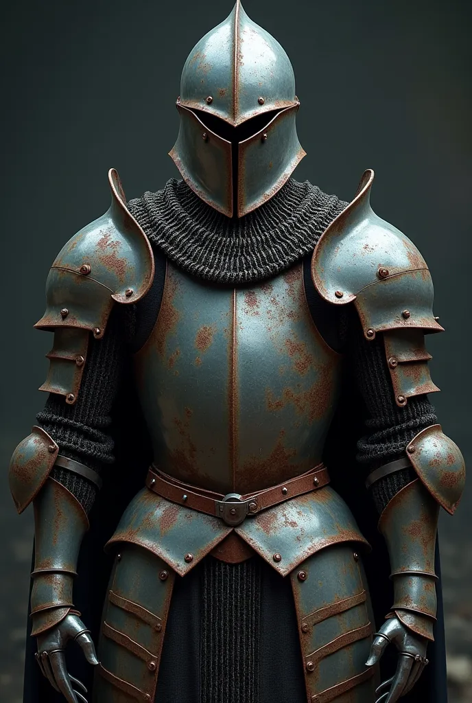 rusty medieval low-poly chainmail, vintage armor, cartoon detailing, 720p, cartoonish, professional lighting, cold color palette, dark atmosphere