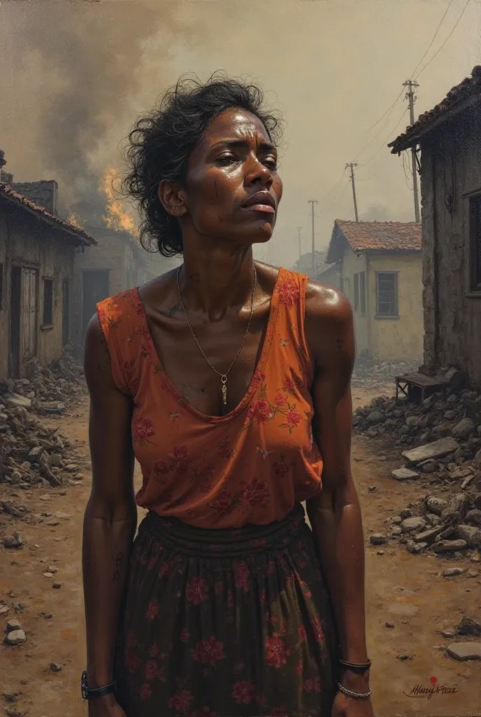 Generate the image of a Haitian woman crying because the gangs burned her house