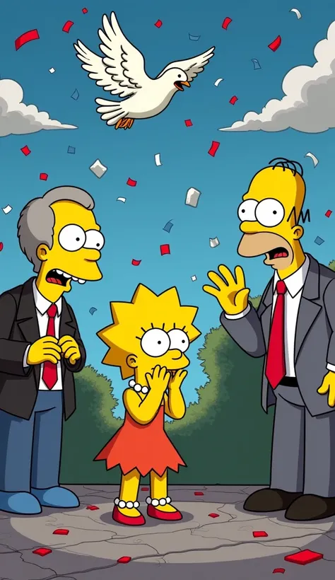 The silence was terrifying.
prompt: The image shows characters from Springfield frozen in time,  with expressions of amazement and fear . Lisa covers her mouth with her hands, Mayor Quimby looks wordlessly at, and even Mr.. Burns seems surprised.  In the b...