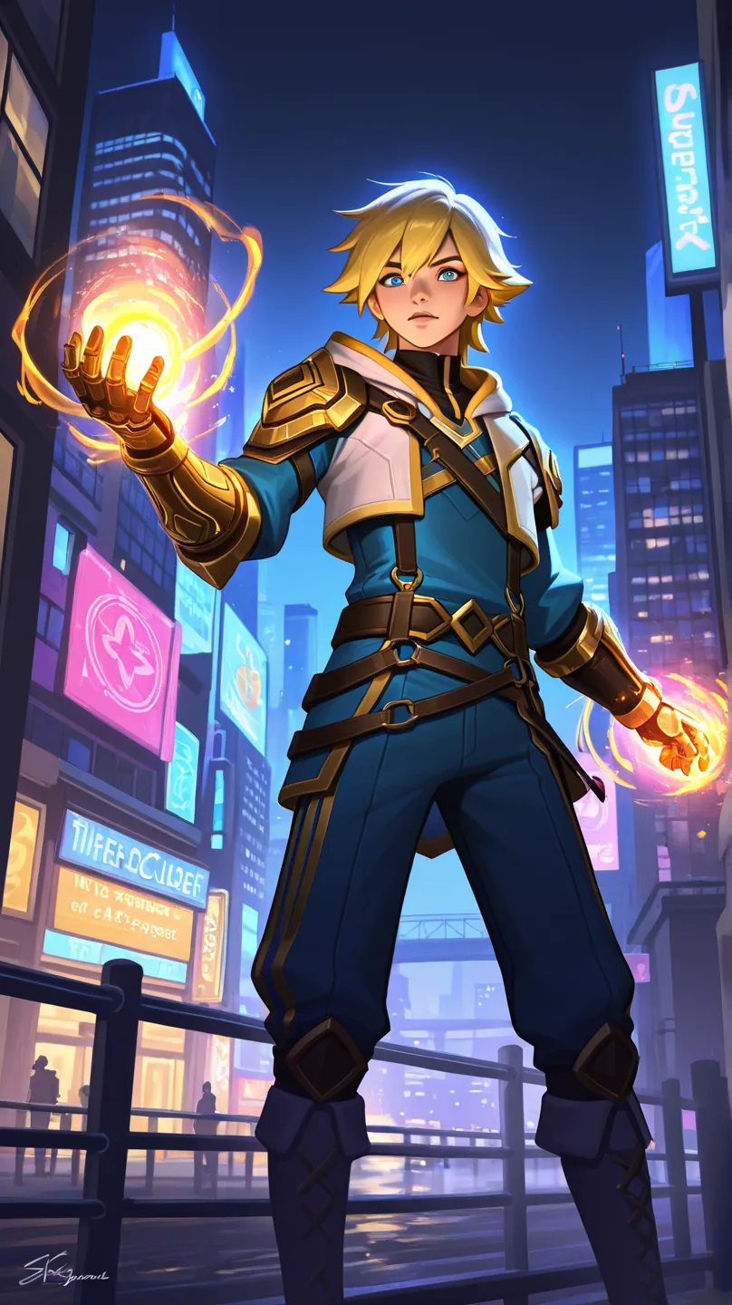 Create Ezreal with his Arcane League of Legend gauntlet on a bridge with the city in the background in cartoon format