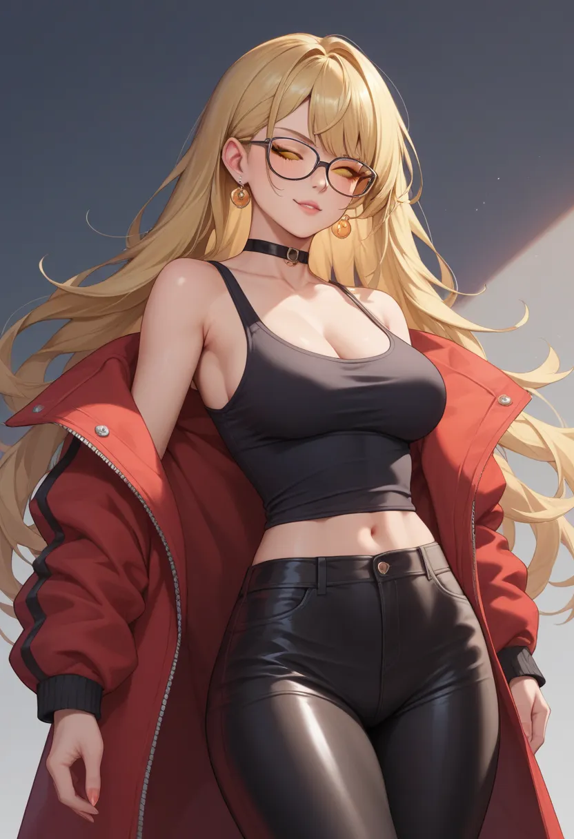 A girl that is 19 years old one of her eyes is demon orange eye the other eye is closed the girl also has a blonde long hair and she is wearing black tank top and jacket a leather black one and also you can see a black backround she is also wearing glasses...