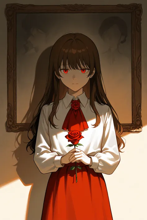 IB, long hair, red eyes, brown hair, ascot , red skirt, skirt, red  ascot ,  shirt, white  shirt, collared  shirt,  Long Sleeve,Museum,Alone,1 girl,Holding a red rose,