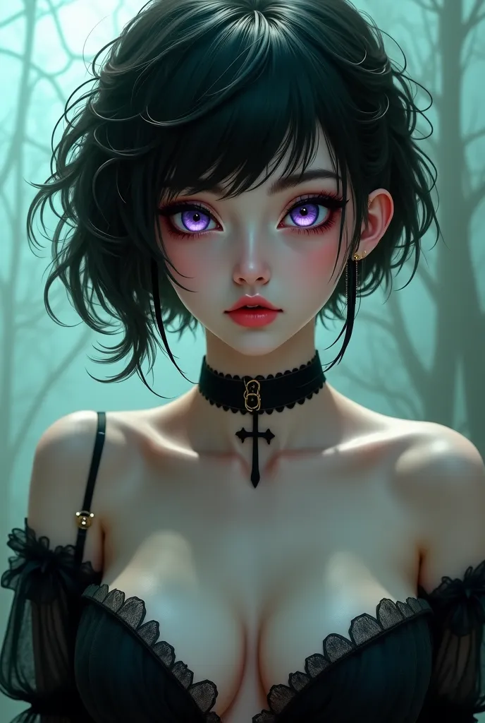 Short hair black cross earring wears choker purple eyes with a green tint lush breasts 