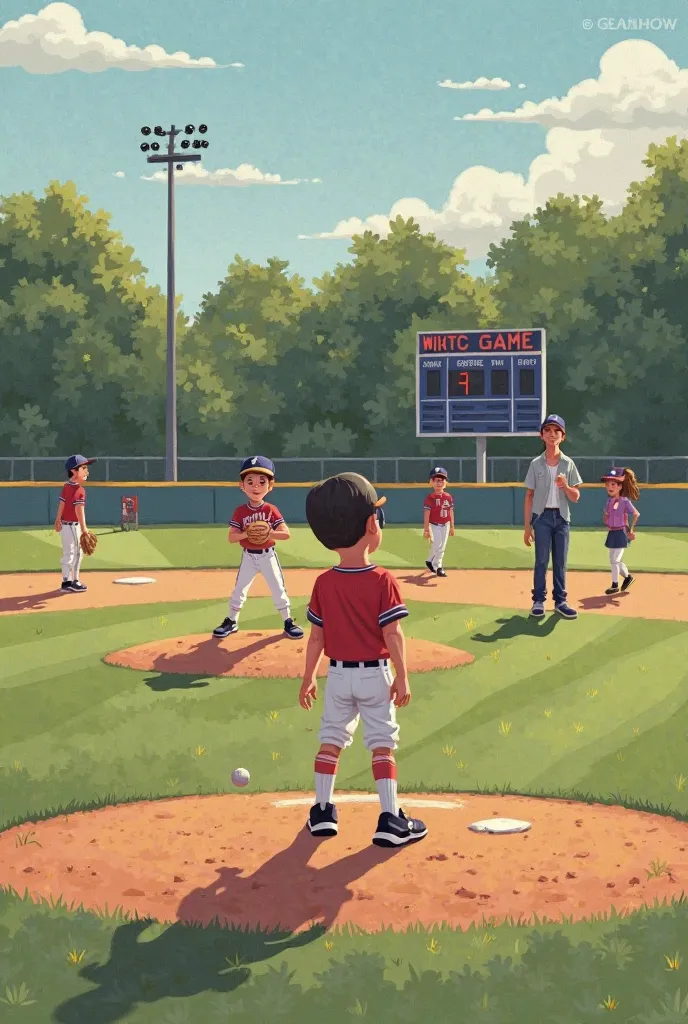 A little league baseball game in progress. A young boy, Leo, is standing on the pitcher's mound, confidently throwing a baseball. His mother, the coach, stands on the sidelines, watching the game. Another girl, Lisa, is stepping aside, realizing Leo is the...