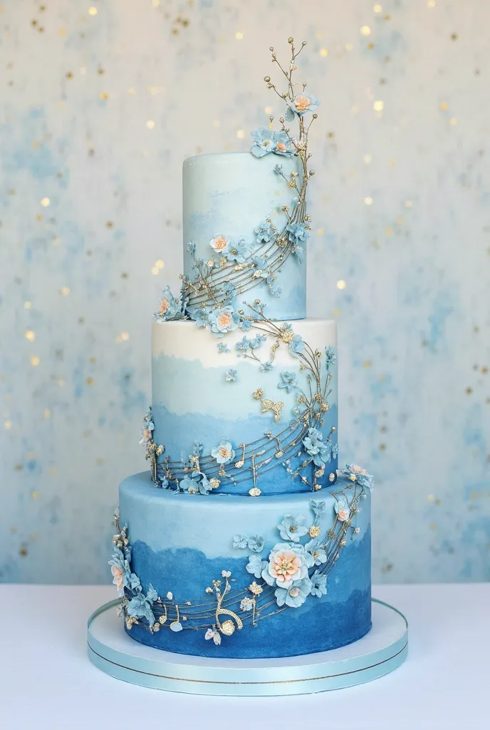 A watercolor wedding cake in shades of denim blue, powder blue and sugar paper. On the surfaces of the cake,  motifs inspired by music emerge integrating into the background . Golden elements give refined reflections. The design remains essential and sophi...