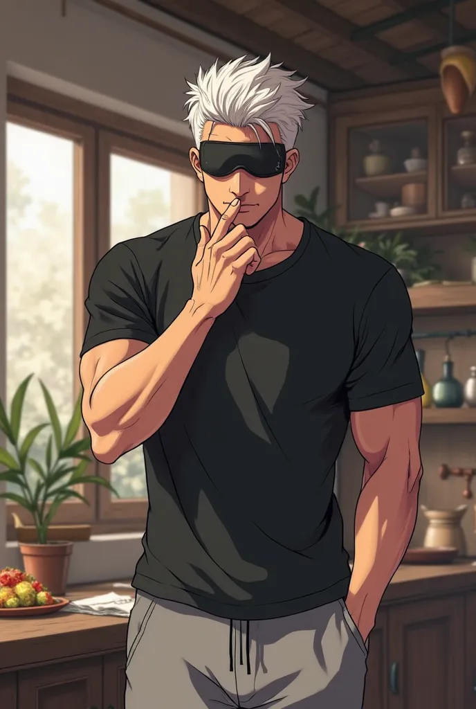 Gojo satoru, in a big penthouse kitchen. He his blindfold on, he's wearing a black t shirt and grey sweatpants. He's happy. Jujutsu kaisen art style. Gojo satoru. A tall man with white hair. Lean muscular. He is kissing the wedding ring on his finger 